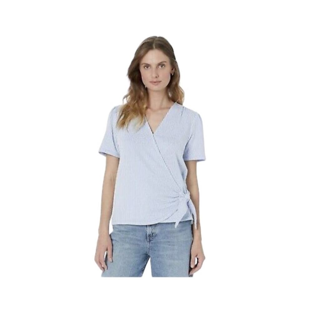 Michael Kors blouse XL faux wrap side tie blue white stripe nautical beach